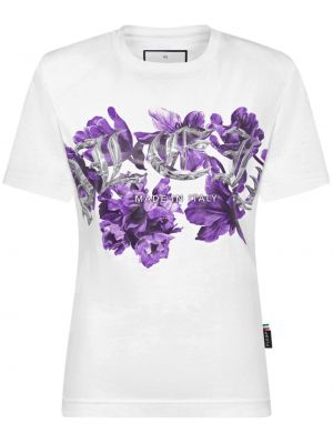 Koszulka bawełniana w kwiatki z nadrukiem Philipp Plein biała