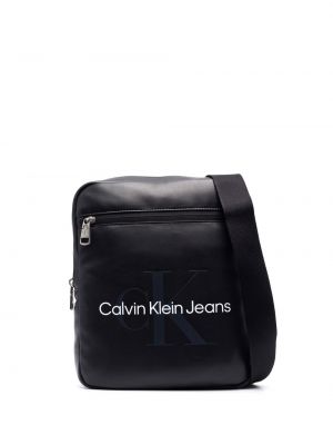 Raštuota iš natūralios odos rankinė per petį Calvin Klein Jeans juoda
