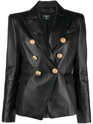 Lær lang blazer Balmain svart