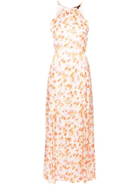 Kvetinové saténové dlouhé šaty s potlačou Maje oranžová