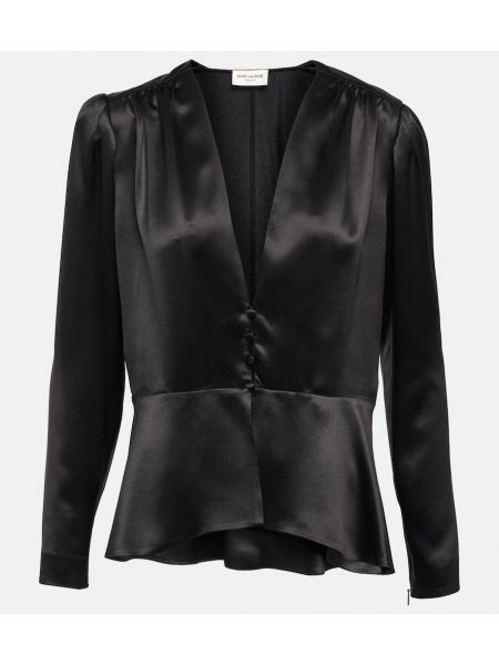 Пеплум копринена сатенена блуза Saint Laurent черно