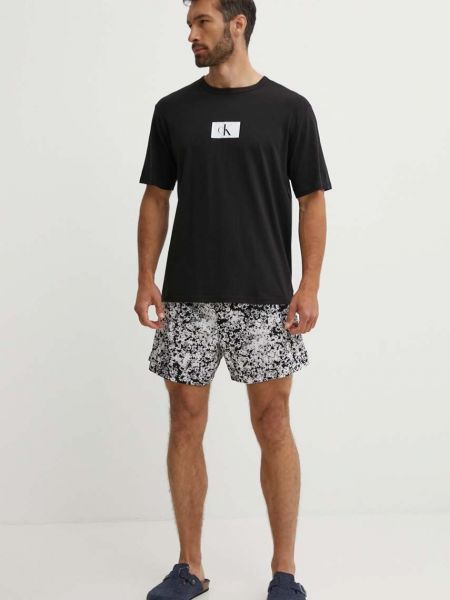 Piżama bawełniana z nadrukiem Calvin Klein Underwear czarna