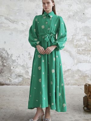 Lniana haftowana sukienka w kwiatki Instyle zielona