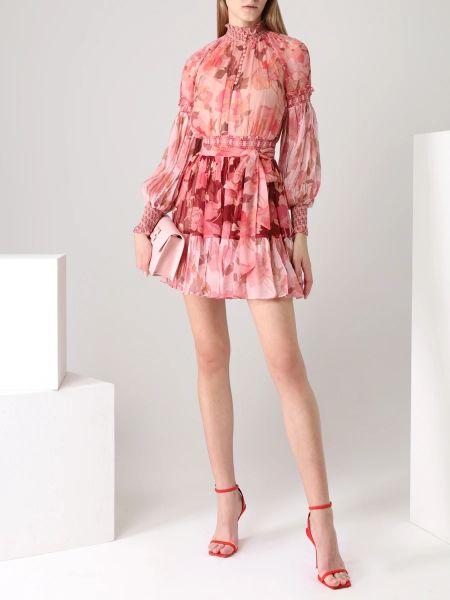 Шелковое платье с принтом Zimmermann розовое