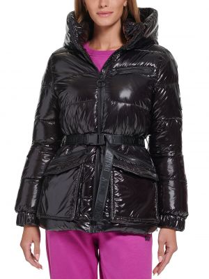 Женская куртка-пуховик с блестящей отделкой и поясом DKNY черный