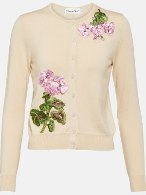 Cardigan brodé en laine à fleurs Oscar De La Renta beige