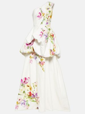 Jedwabna sukienka długa bawełniana w kwiatki Monique Lhuillier biała