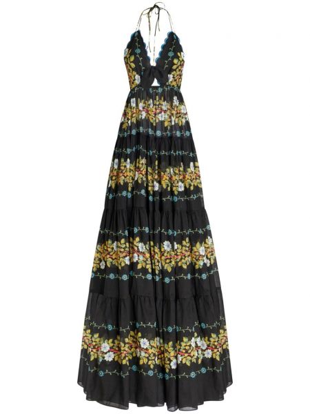Rochie lunga cu decupaj la spate din bumbac cu model floral Etro negru