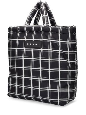 Kockovaná nylónová nákupná taška s potlačou Marni čierna