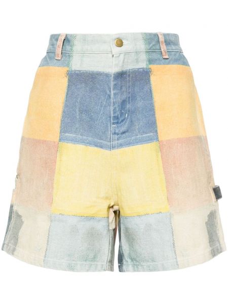 Bombažne kratke jeans hlače s karirastim vzorcem s potiskom Kidsuper rumena