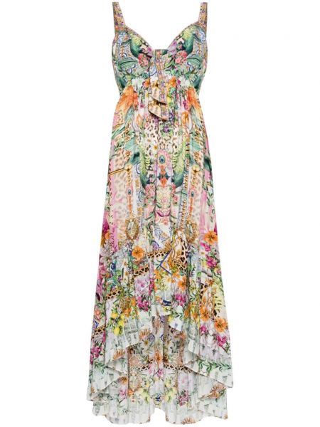 Květinové hedvábné midi šaty s potiskem Camilla zelené