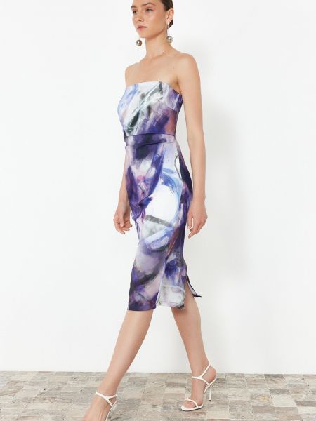 Σατέν ίσιο φόρεμα με αφηρημένο print Trendyol μπλε