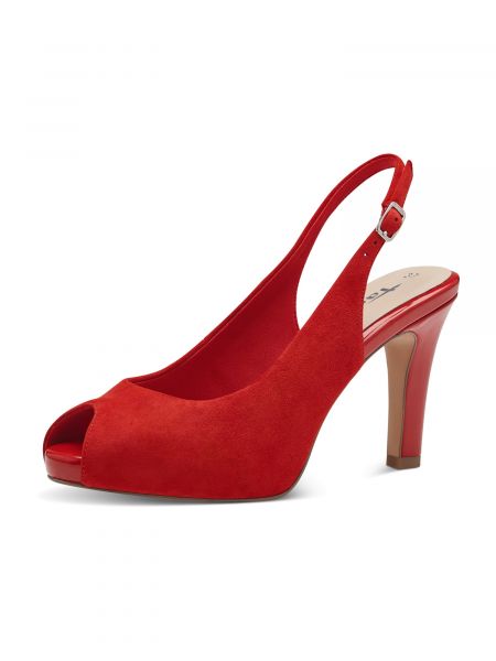 Полуотворени обувки с ток с отворена пета Tamaris червено