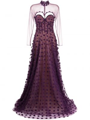 Вечерна рокля с мъниста на точки от тюл Saiid Kobeisy виолетово
