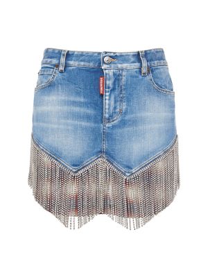 Spódnica jeansowa z frędzli z kryształkami Dsquared2 niebieska