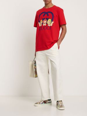 Bavlněné tričko s potiskem jersey Gucci červené