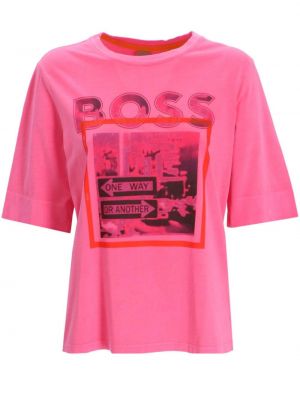 Bavlněné tričko s potiskem Boss růžové