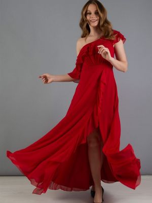 Večernja haljina od šifona s volanima Carmen crvena