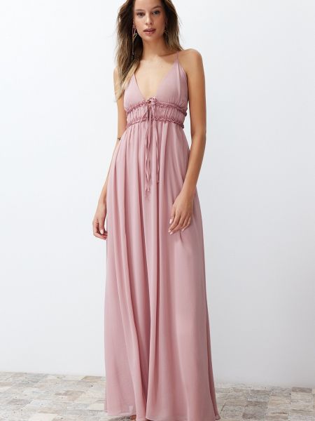 Sukienka wieczorowa szyfonowa pleciona Trendyol różowa