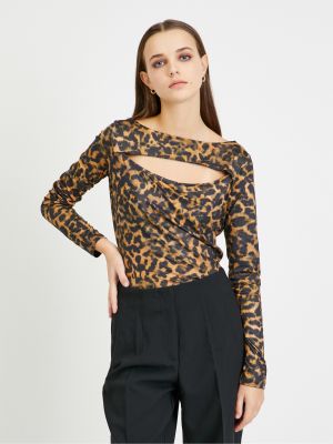 Tričko s dlhými rukávmi s leopardím vzorom Guess hnedá