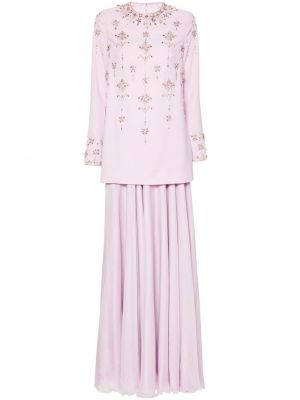 Jedwabna sukienka wieczorowa z kryształkami Dina Melwani fioletowa