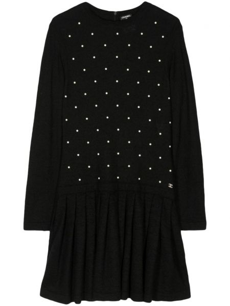Pletené šaty s perlami Chanel Pre-owned čierna