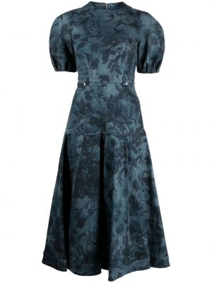 Plisirana denim obleka s cvetličnim vzorcem s potiskom Erdem modra