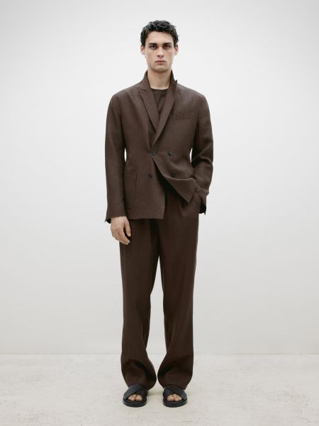 Льняной пиджак Massimo Dutti коричневый