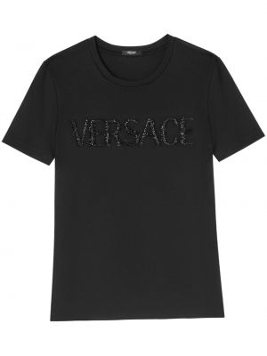 Kokvilnas t-krekls ar kristāliem Versace melns