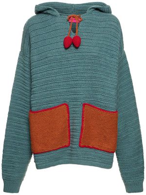Памучен пуловер с качулка The Elder Statesman синьо