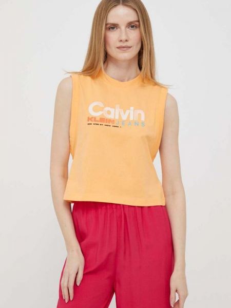 Хлопковая майка Calvin Klein Jeans оранжевая