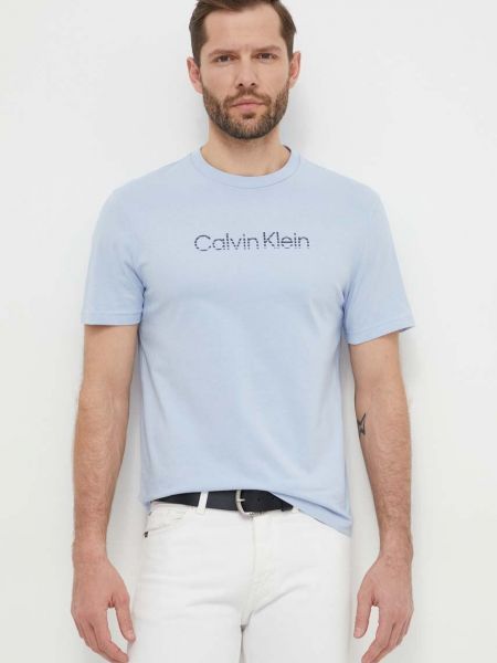 Памучна тениска с дълъг ръкав с принт Calvin Klein синьо