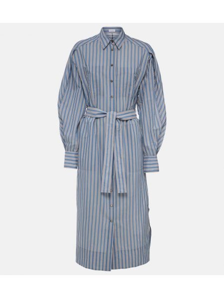 Vestido camisero de seda de algodón a rayas Brunello Cucinelli azul