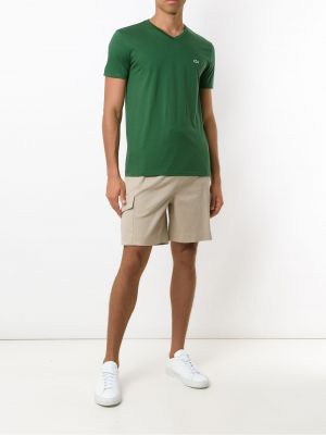 Bavlněné tričko s výšivkou s výstřihem do v Lacoste zelené