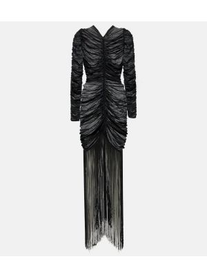 Hedvábné dlouhé šaty s třásněmi Khaite černé