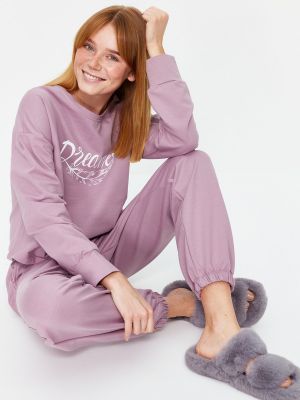 Pletené bavlnené pyžamo s potlačou Trendyol fialová