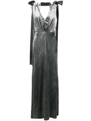 Aksamitna sukienka wieczorowa z dekoltem w serek Alberta Ferretti srebrna