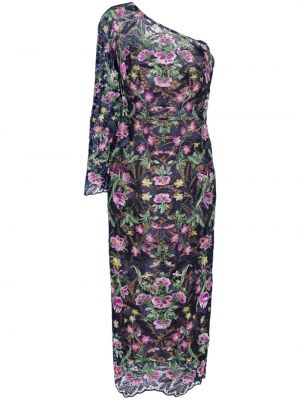 Koktel haljina s cvjetnim printom s čipkom Marchesa Notte plava