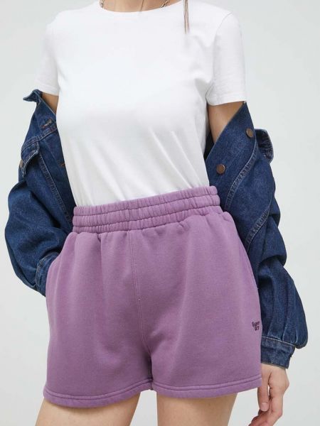 Superdry pantaloni scurti femei, culoarea violet, neted, high waist