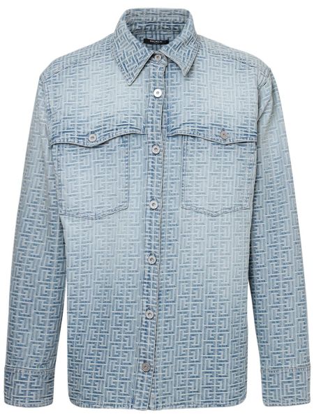 Camisa vaquera de algodón de tejido jacquard Balmain azul