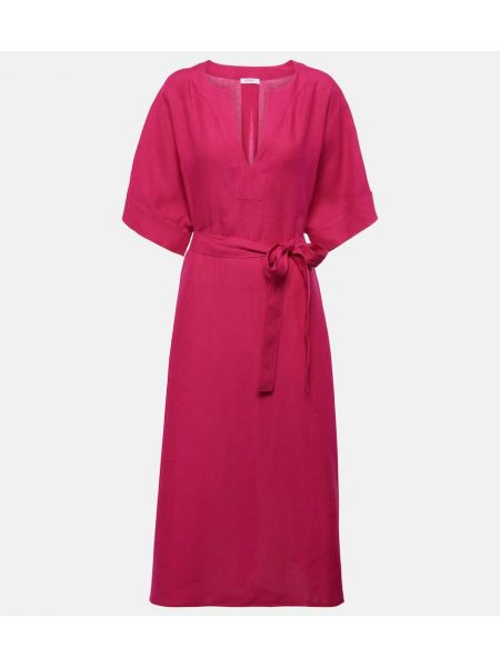 Λινένιος φόρεμα με ζώνη Eres ροζ