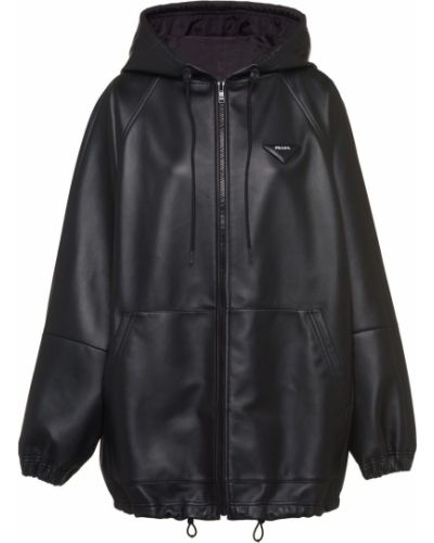 Kožna jakna s kapuljačom Prada crna