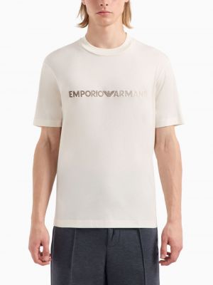 Bavlněné tričko s výšivkou Emporio Armani béžové