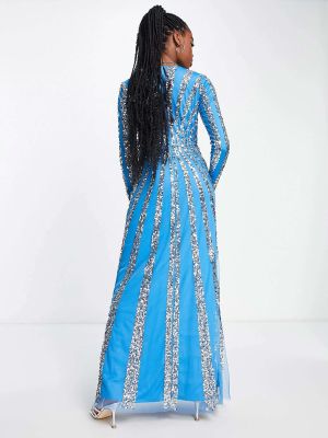 Платье с воротником с высоким воротником с длинным рукавом Maya синее