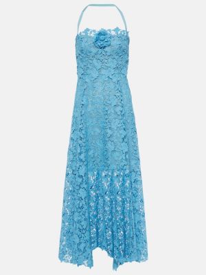 Sukienka długa w kwiatki koronkowa Oscar De La Renta niebieska
