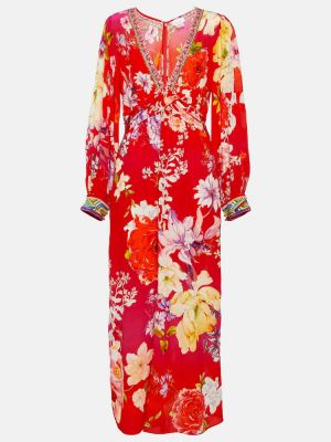 Křišťálové hedvábné midi šaty s potiskem Camilla - červená