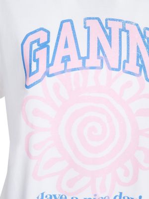 Kvetinové bavlnené tričko s potlačou Ganni biela