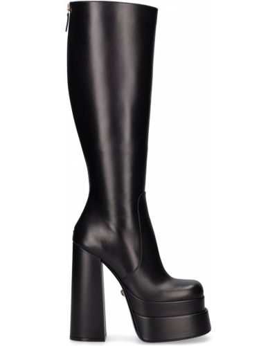 Kožené kozačky nad kolena na podpatku na zip Versace - černá