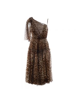 Sukienka midi z falbankami z nadrukiem z nadrukiem zwierzęcym Dolce And Gabbana brązowa