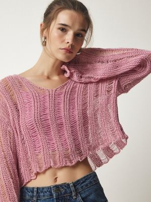 Roztrhaný sveter s výstrihom do v Happiness İstanbul ružová